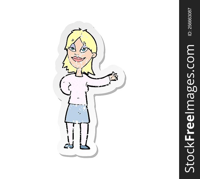retro distressed sticker of a cartoon woman gesturing to show something
