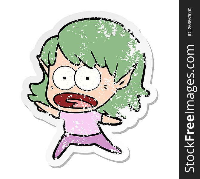 Distressed Sticker Of A Cartoon Shocked Elf Girl