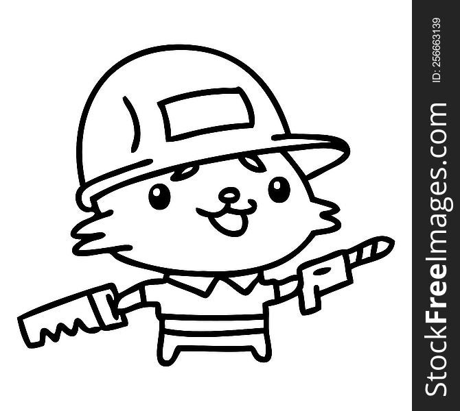 line doodle cat wearing a work hat and holding tools. line doodle cat wearing a work hat and holding tools