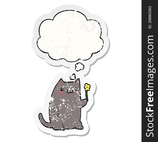 Cute Cartoon Cat And Thought Bubble As A Distressed Worn Sticker