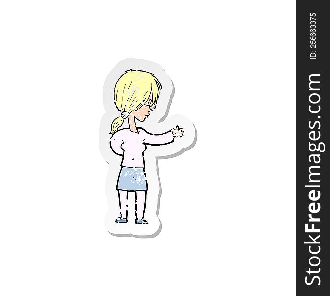 Retro Distressed Sticker Of A Cartoon Woman Gesturing