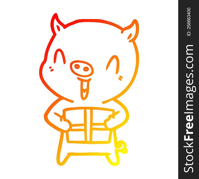 Warm Gradient Line Drawing Happy Cartoon Pig With Xmas Present