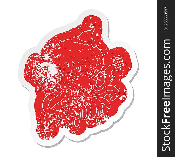 quirky cartoon distressed sticker of a jellyfish in love wearing santa hat