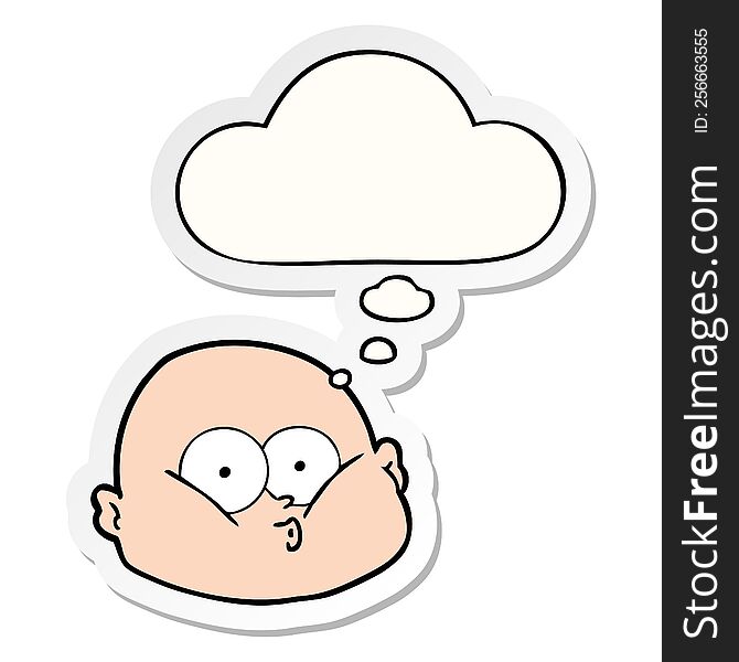 cartoon curious bald man with thought bubble as a printed sticker