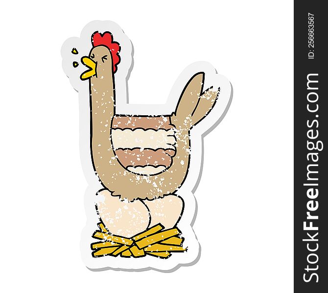 distressed sticker of a cartoon hen sitting on nest