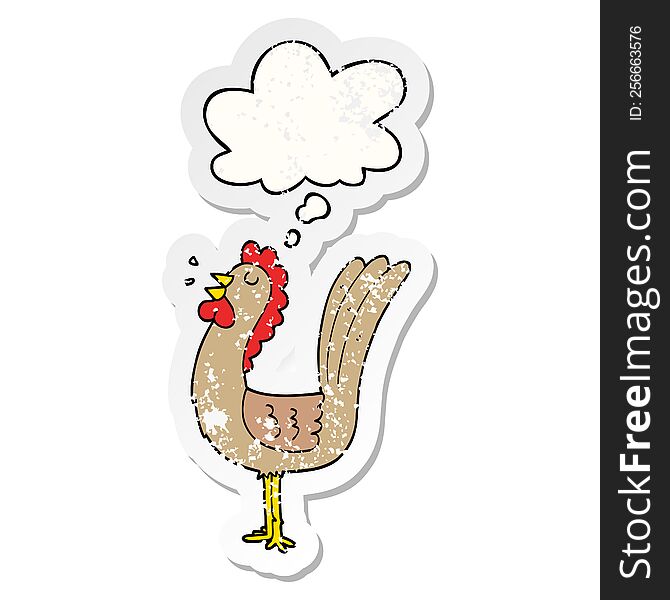 Cartoon Rooster And Thought Bubble As A Distressed Worn Sticker