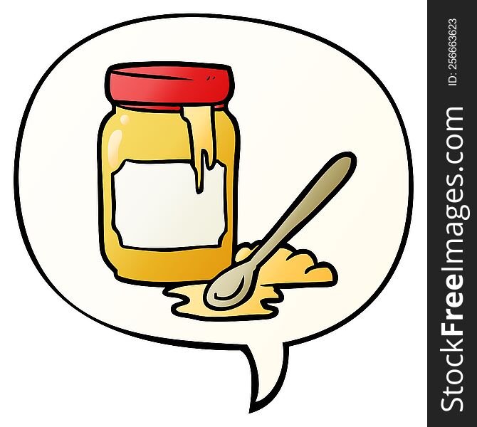 cartoon jar of honey with speech bubble in smooth gradient style