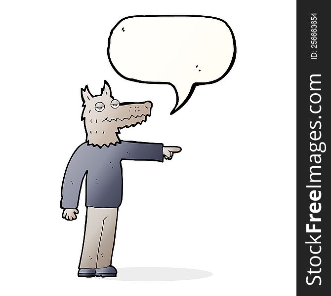 Cartoon Wolf Man Pointing With Speech Bubble