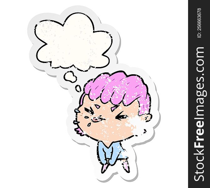 cartoon rude girl with thought bubble as a distressed worn sticker