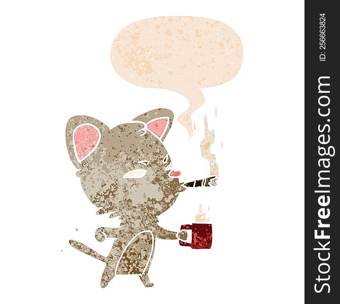 cartoon cat with coffee and cigar with speech bubble in grunge distressed retro textured style. cartoon cat with coffee and cigar with speech bubble in grunge distressed retro textured style