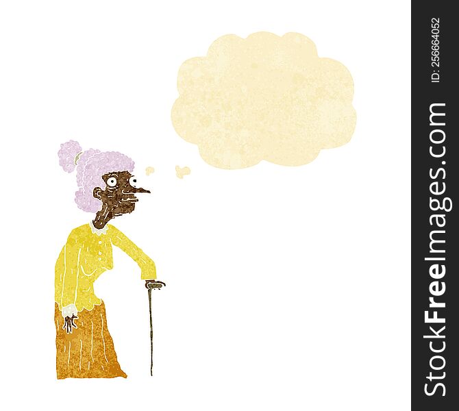 cartoon old woman with thought bubble