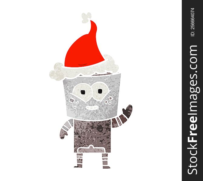 happy retro cartoon of a robot waving hello wearing santa hat