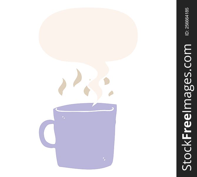 cartoon hot cup of coffee with speech bubble in retro style