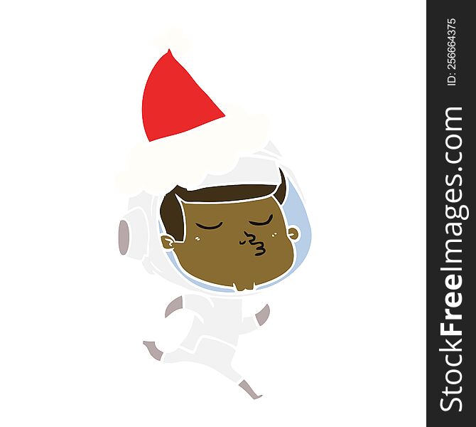 flat color illustration of a confident astronaut wearing santa hat