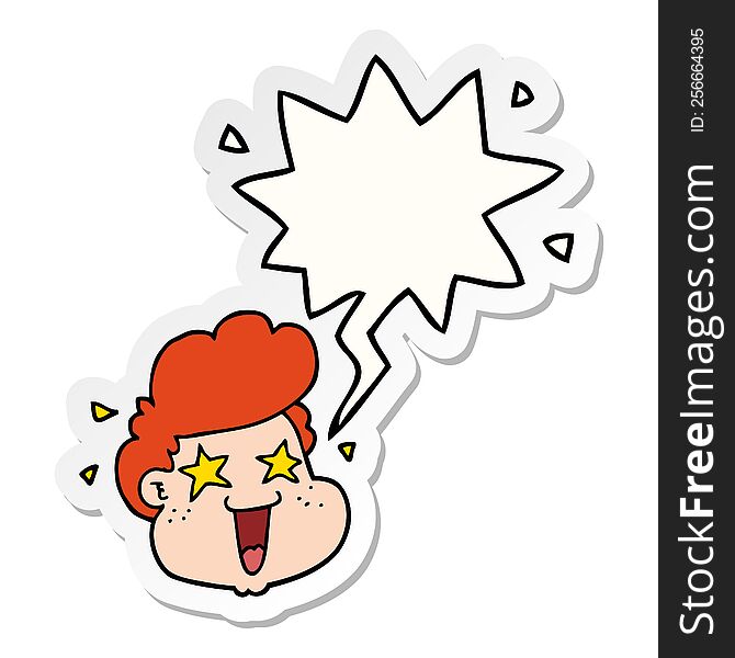 cartoon boy\'s face with speech bubble sticker. cartoon boy\'s face with speech bubble sticker