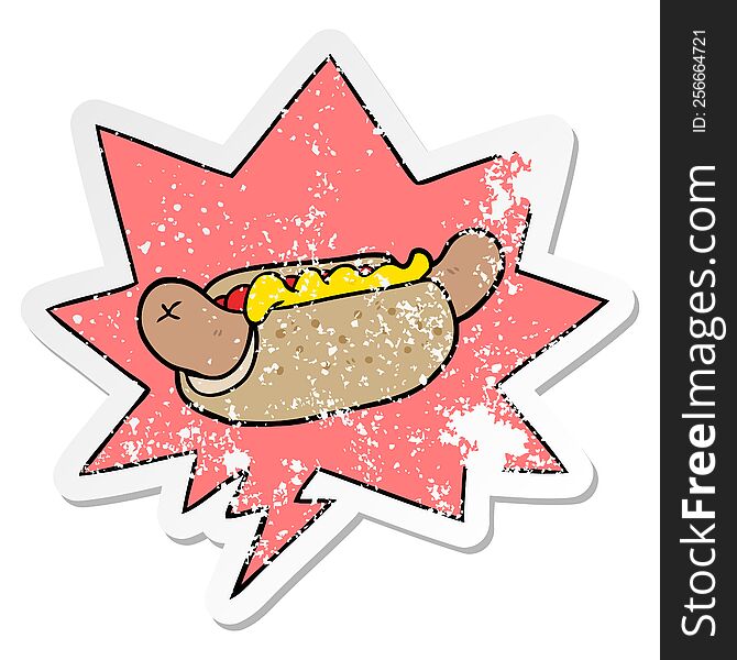 Cartoon Fresh Tasty Hot Dog And Speech Bubble Distressed Sticker