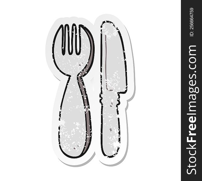 distressed sticker of a cartoon knife and fork