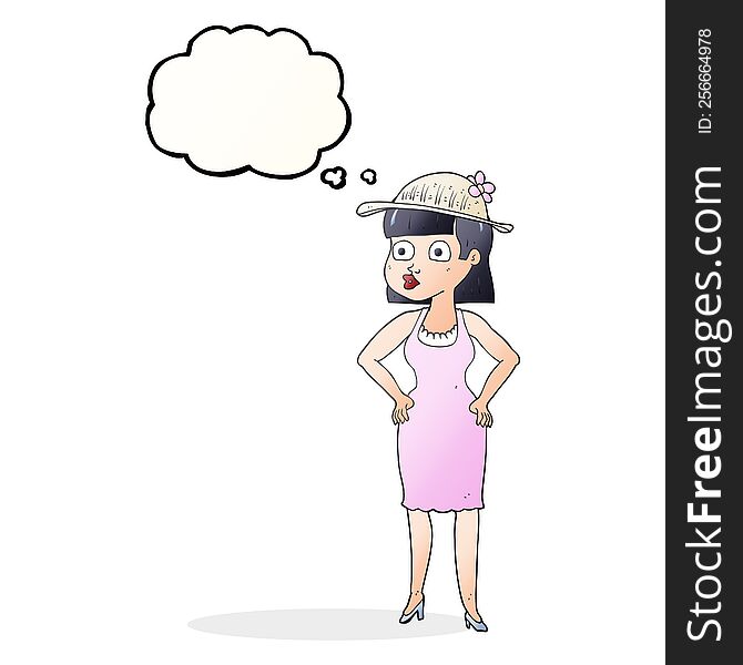 Thought Bubble Cartoon Woman Wearing Sun Hat