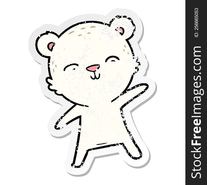Distressed Sticker Of A Happy Cartoon Polar Bear Pointing