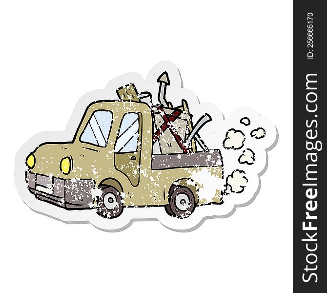 Distressed Sticker Of A Cartoon Old Truck