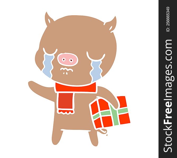 Flat Color Style Cartoon Pig Crying Over Christmas Present