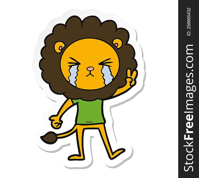 Sticker Of A Cartoon Crying Lion Giving Peace Sign