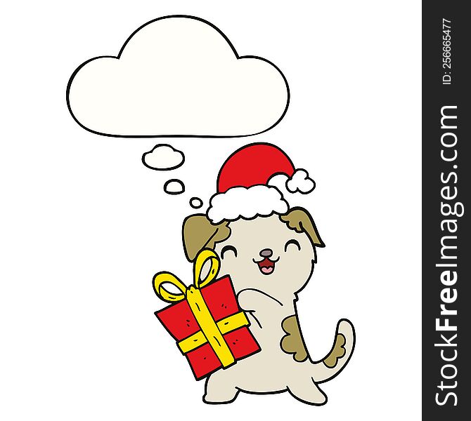 cute cartoon puppy with christmas present and hat with thought bubble