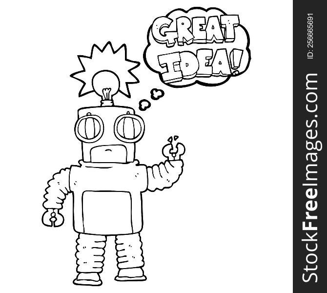 freehand drawn thought bubble cartoon robot with great idea