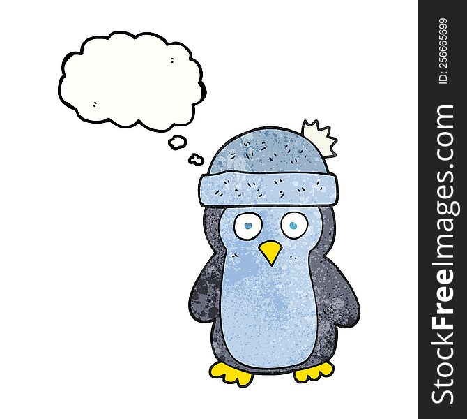 freehand drawn thought bubble textured cartoon penguin