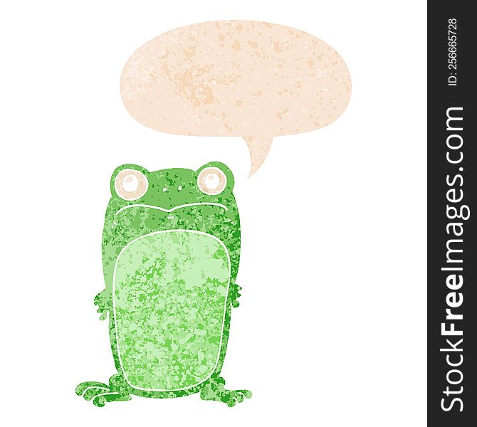 Cartoon Staring Frog And Speech Bubble In Retro Textured Style