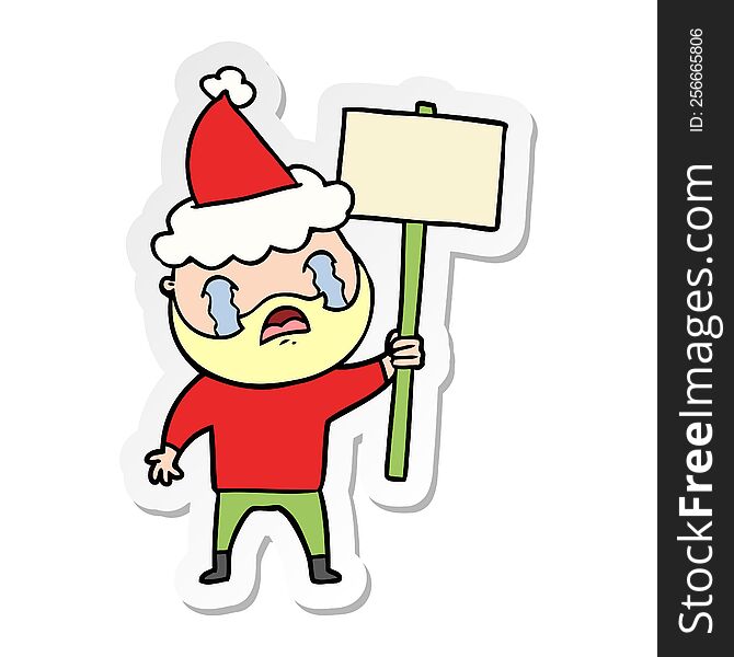 Sticker Cartoon Of A Bearded Protester Crying Wearing Santa Hat