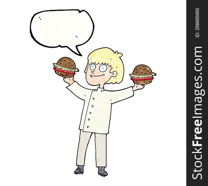 freehand speech bubble textured cartoon chef with burgers