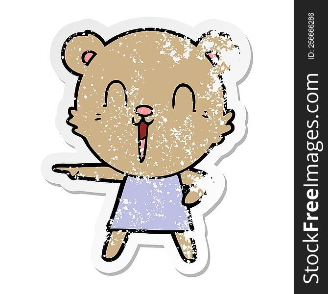 Distressed Sticker Of A Happy Cartoon Bear Pointing