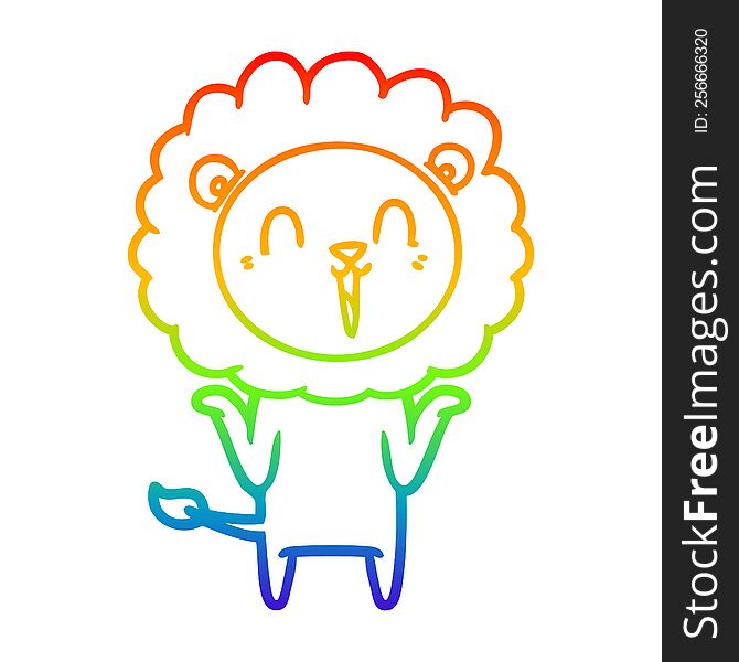 rainbow gradient line drawing of a laughing lion cartoon shrugging shoulders