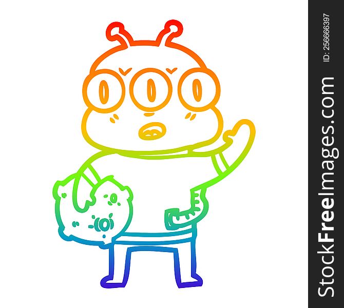 rainbow gradient line drawing of a cartoon three eyed alien waving