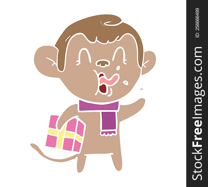 Crazy Flat Color Style Cartoon Monkey With Christmas Present