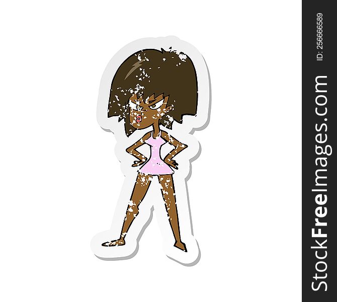 Retro Distressed Sticker Of A Cartoon Angry Woman In Dress