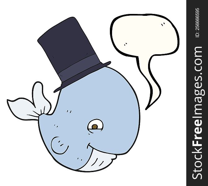 freehand drawn speech bubble cartoon whale in top hat