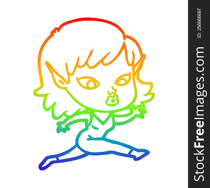 Rainbow Gradient Line Drawing Pretty Cartoon Elf Girl Running