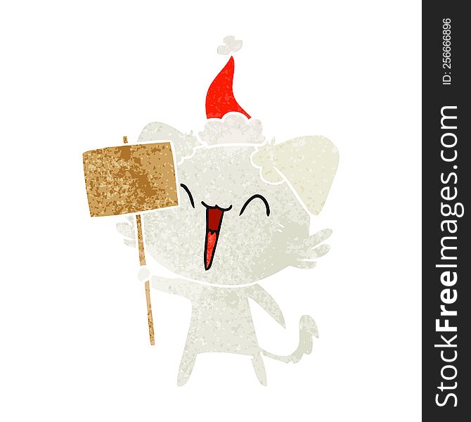 Happy Little Retro Cartoon Of A Dog Holding Sign Wearing Santa Hat