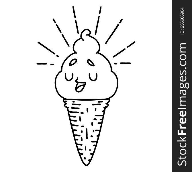 Traditional Black Line Work Tattoo Style Ice Cream Character
