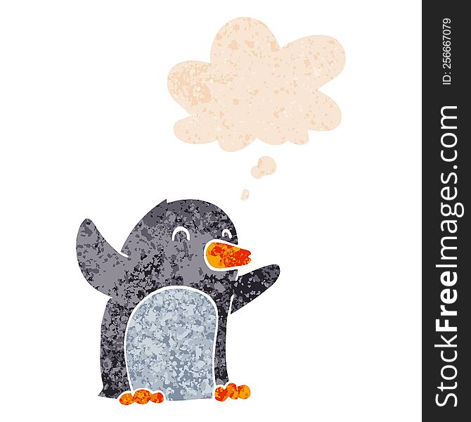 Cartoon Excited Penguin And Thought Bubble In Retro Textured Style