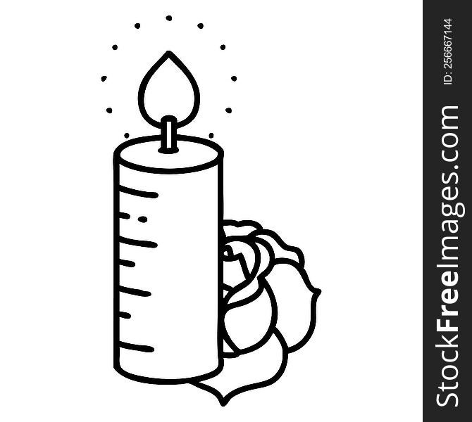 tattoo in black line style of a candle and a rose. tattoo in black line style of a candle and a rose