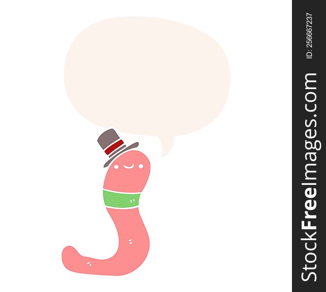 cute cartoon worm with speech bubble in retro style