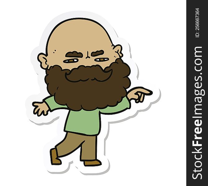 sticker of a cartoon man with beard frowning and pointing