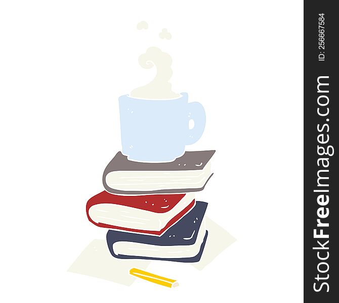 flat color illustration of books and coffee cup. flat color illustration of books and coffee cup