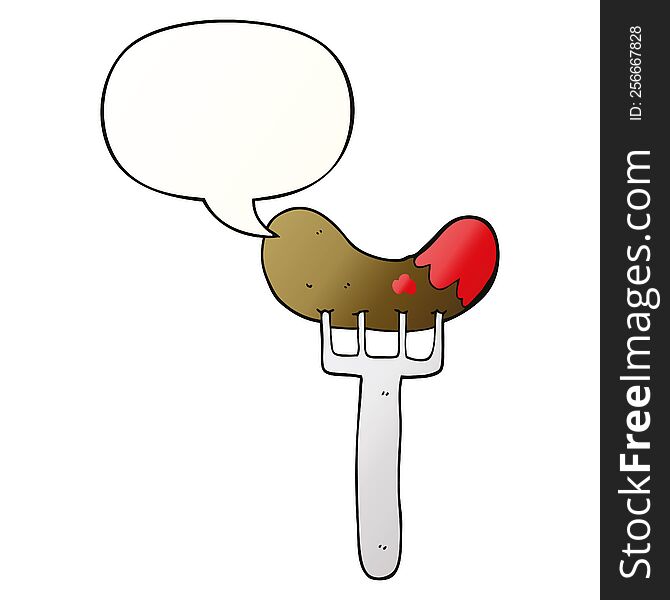 cartoon sausage on fork with speech bubble in smooth gradient style