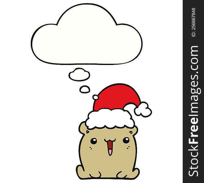Cute Cartoon Bear With Christmas Hat And Thought Bubble