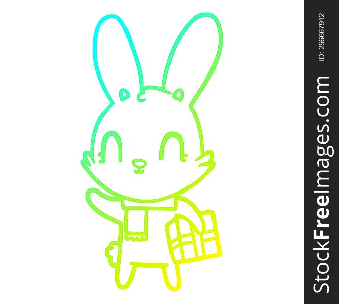 Cold Gradient Line Drawing Cute Cartoon Rabbit With Christmas Present