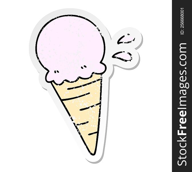 distressed sticker of a quirky hand drawn cartoon vanilla ice cream